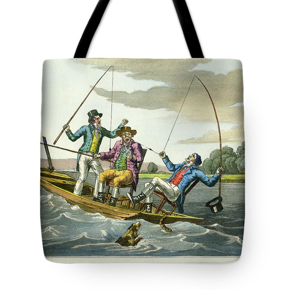 Fishing Tote Bag featuring the mixed media A Sharp Bite by unsigned attributed to Edward Barnard