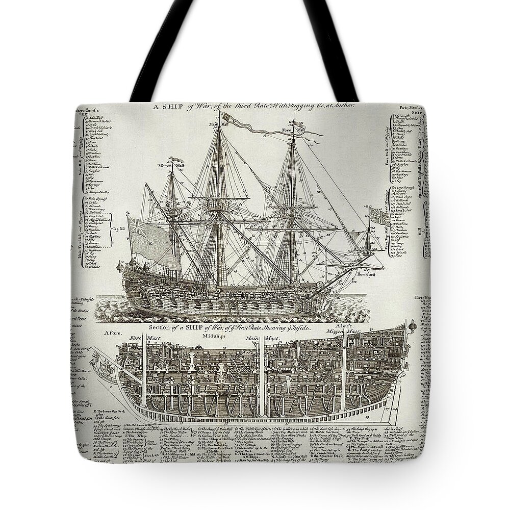 Warship Tote Bag featuring the painting A Ship of War by Unknown