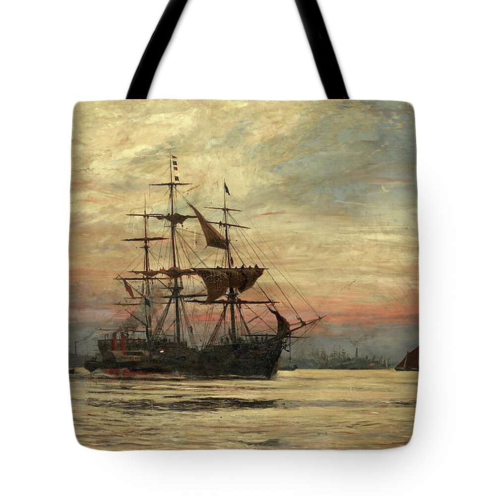 Ship Recieving Tote Bag featuring the painting A ship recieving a pilot through busy Thames waters by William Lionel Wyllie