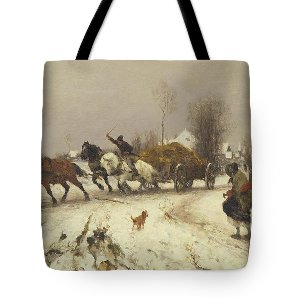 Horse Tote Bag featuring the painting A Village in Winter, 1876 by Thomas Ludwig Herbst
