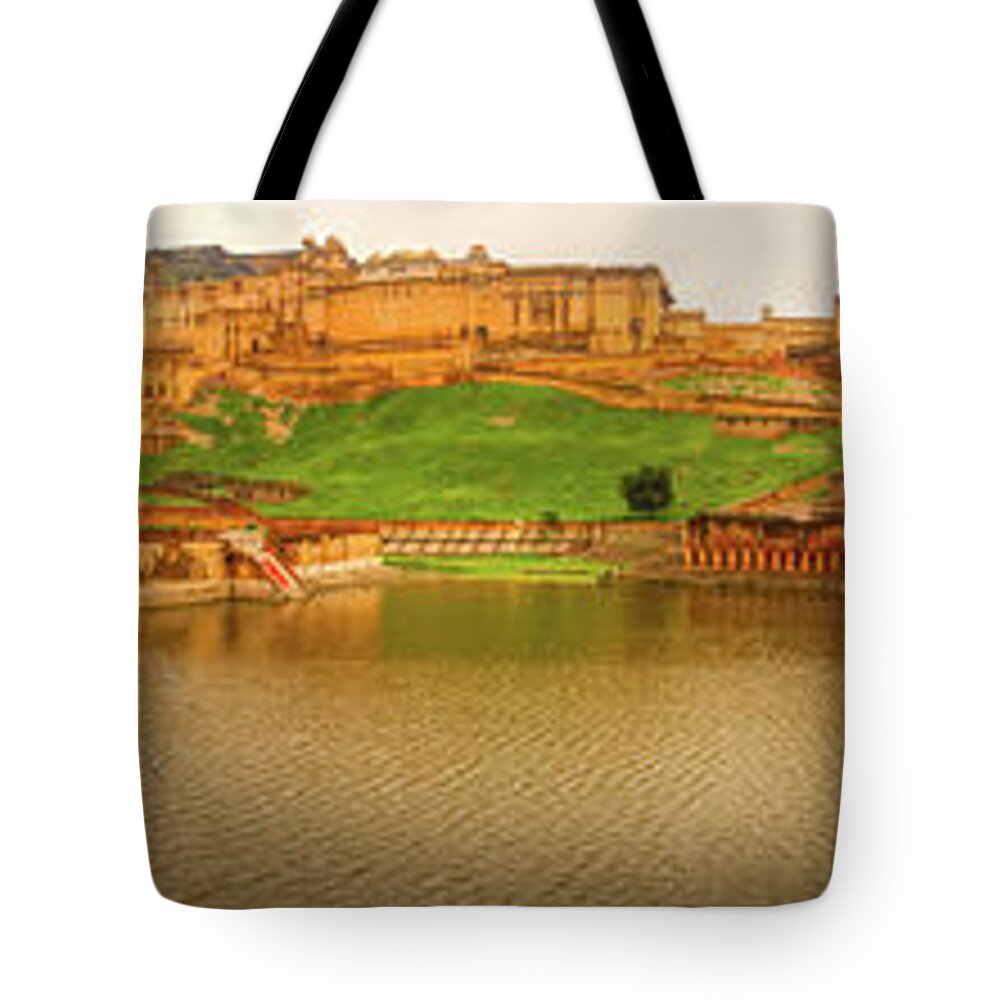 Amer Fort Tote Bag featuring the photograph A wide panoramic view of Amer Fort - India by Stefano Senise