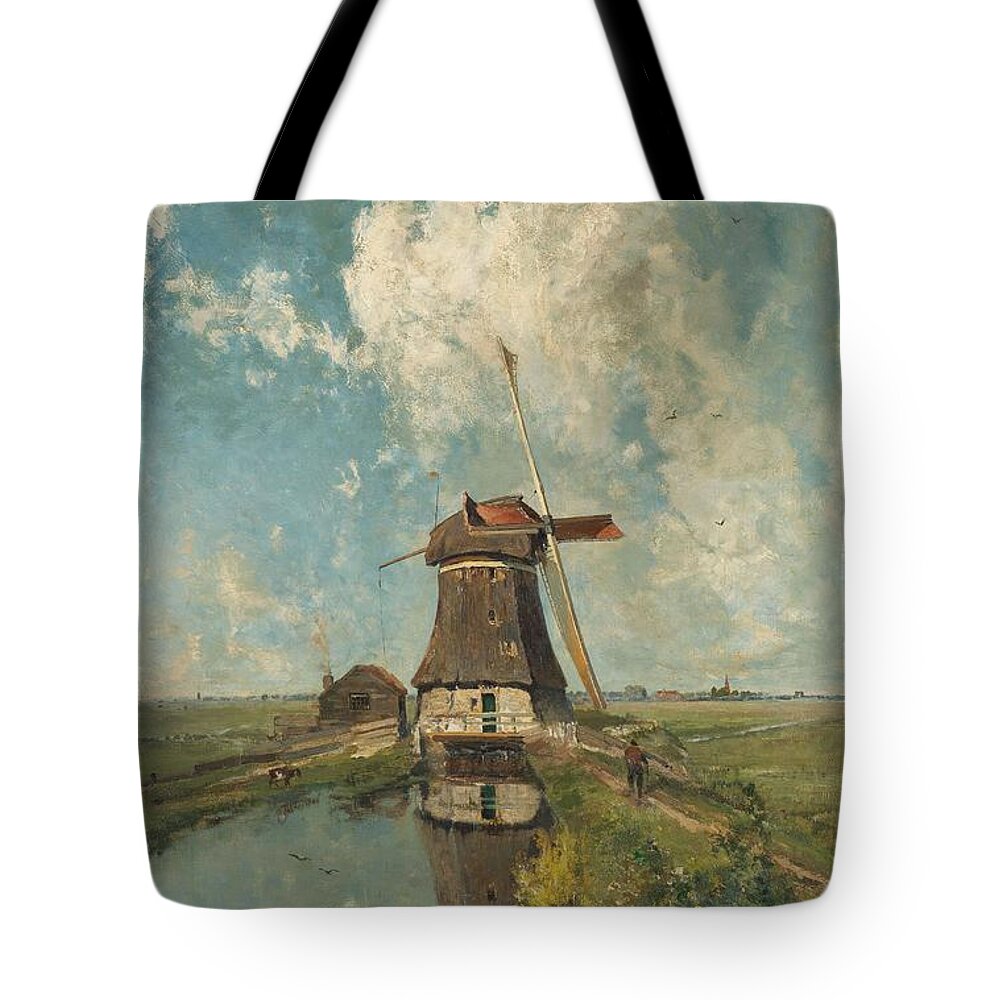 Canvas Tote Bag featuring the painting A Windmill on a Polder Waterway, Known as 'In the Month of July'. by Paul Joseph Constantin Gabriel -1828-1903-