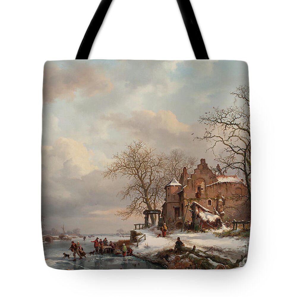 Flemish Tote Bag featuring the painting A Winter Landscape with Skaters on a Frozen River, 1862 by Frederick Marianus Kruseman