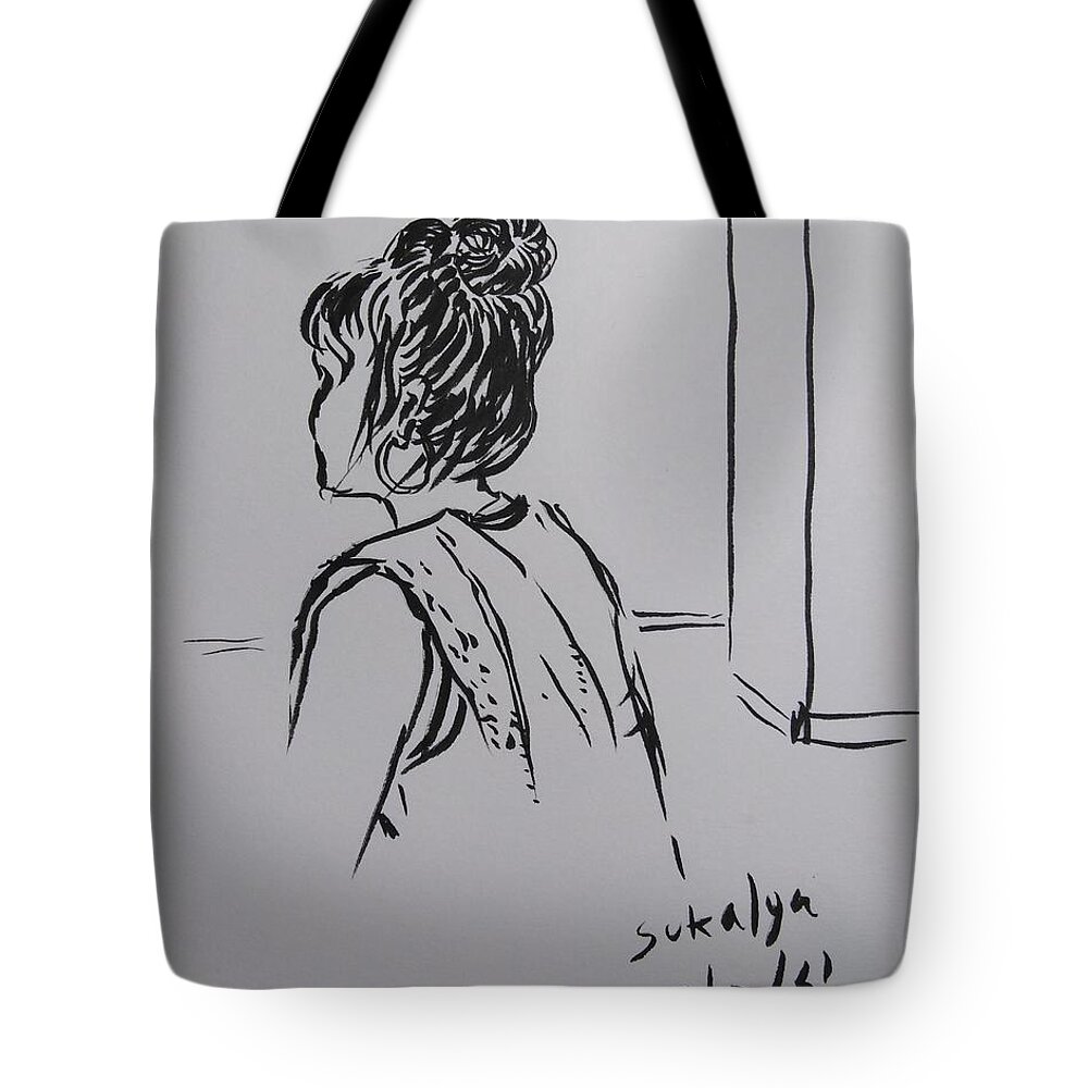 Woman Tote Bag featuring the drawing A woman at the gym by Sukalya Chearanantana