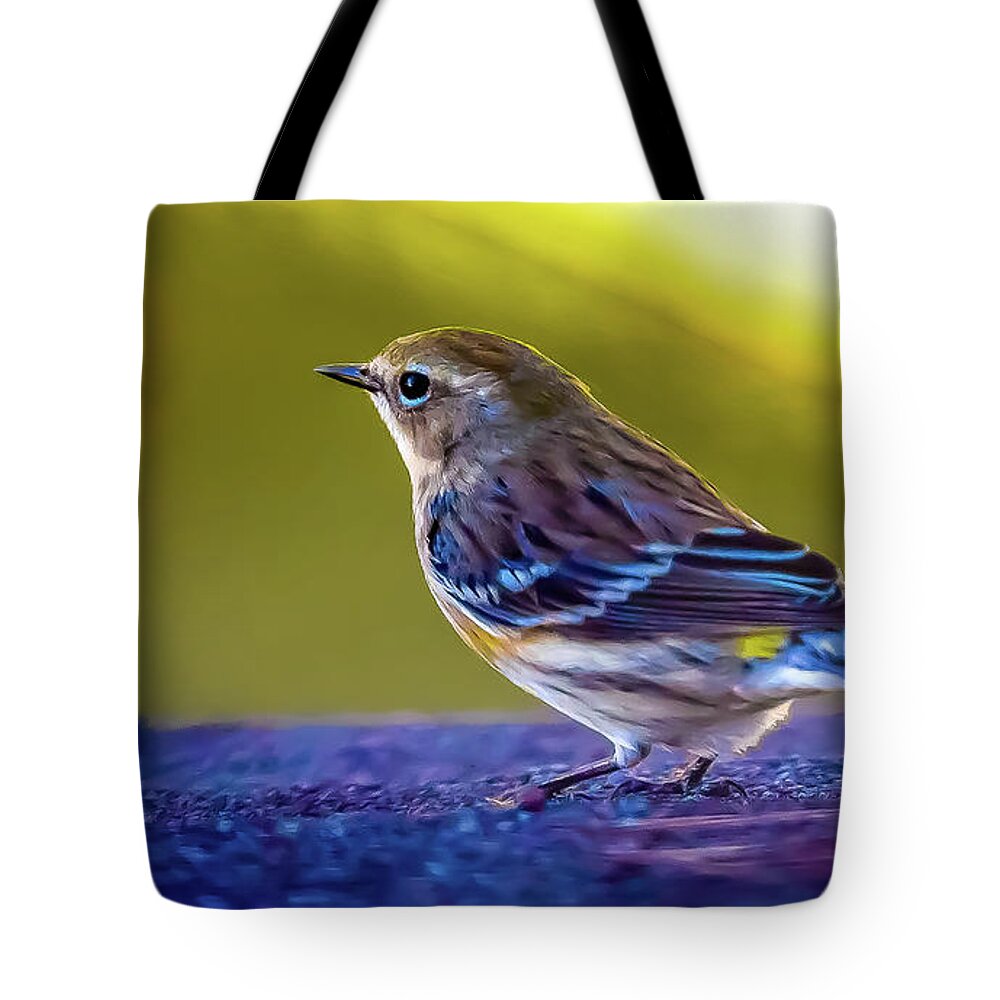 Bird Tote Bag featuring the digital art A Yellow Rumped Warbler Visitor by Ed Stines