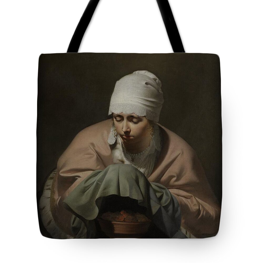 Cesar Boetius Van Everdingen Tote Bag featuring the painting A Young Woman Warming Her Hands Over A Brazier, An Allegory Of Winter, C.1644-8 (oil On Canvas) by Cesar Boetius Van Everdingen