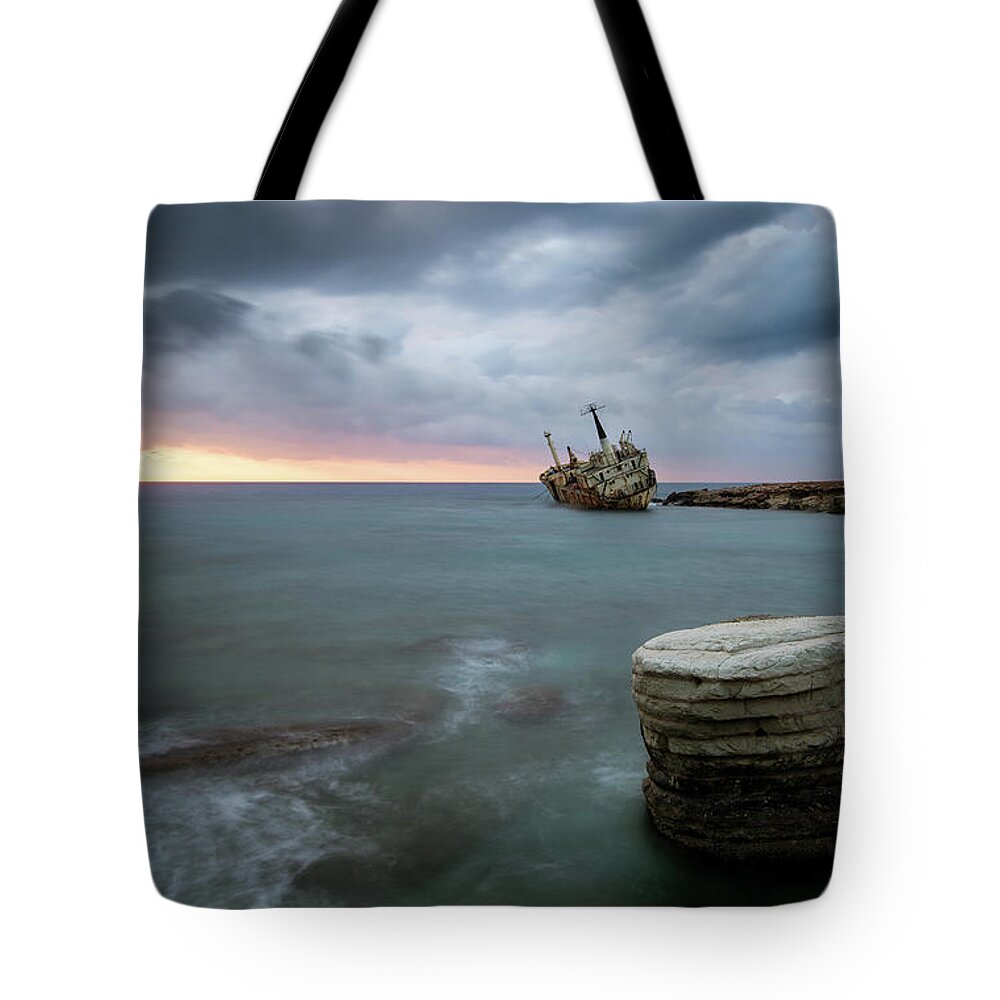 Seascape; Coastline; Sunset; Sundown Tote Bag featuring the photograph Abandoned Ship EDRO III Cyprus by Michalakis Ppalis