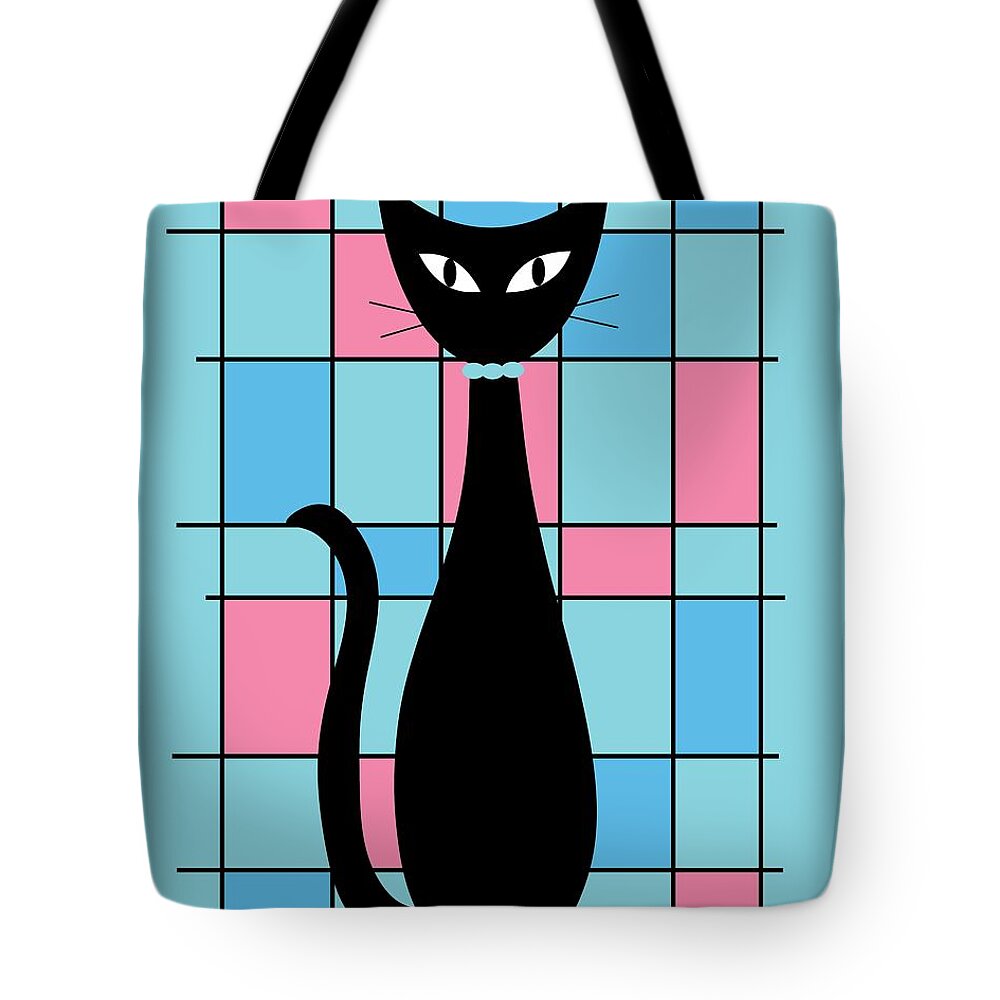Mid Century Modern Tote Bag featuring the digital art Abstract Cat in Blue and Pink by Donna Mibus