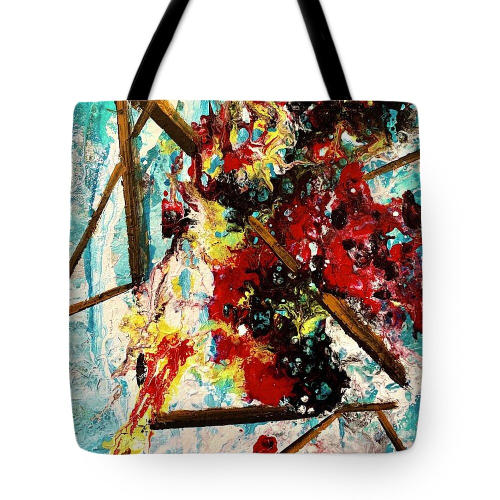 Miroslaw Chelchowski Abstract Painting Acrylic On Canvas Colors Red Blue Geometric Splash Brown Water Black Print Wave Fire Mast Mixing Tote Bag featuring the painting Abstract by Miroslaw Chelchowski