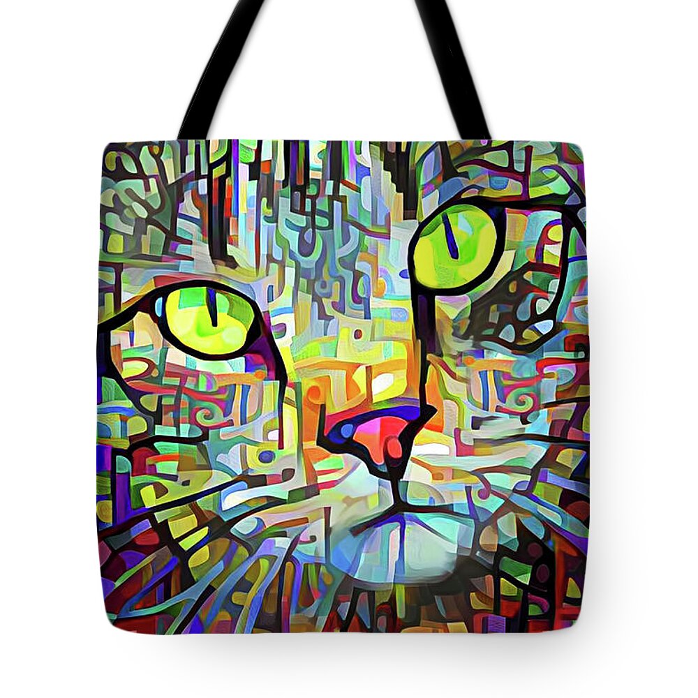 Tabby Cat Tote Bag featuring the digital art Abstract Modern Art Tabby Cat by Peggy Collins