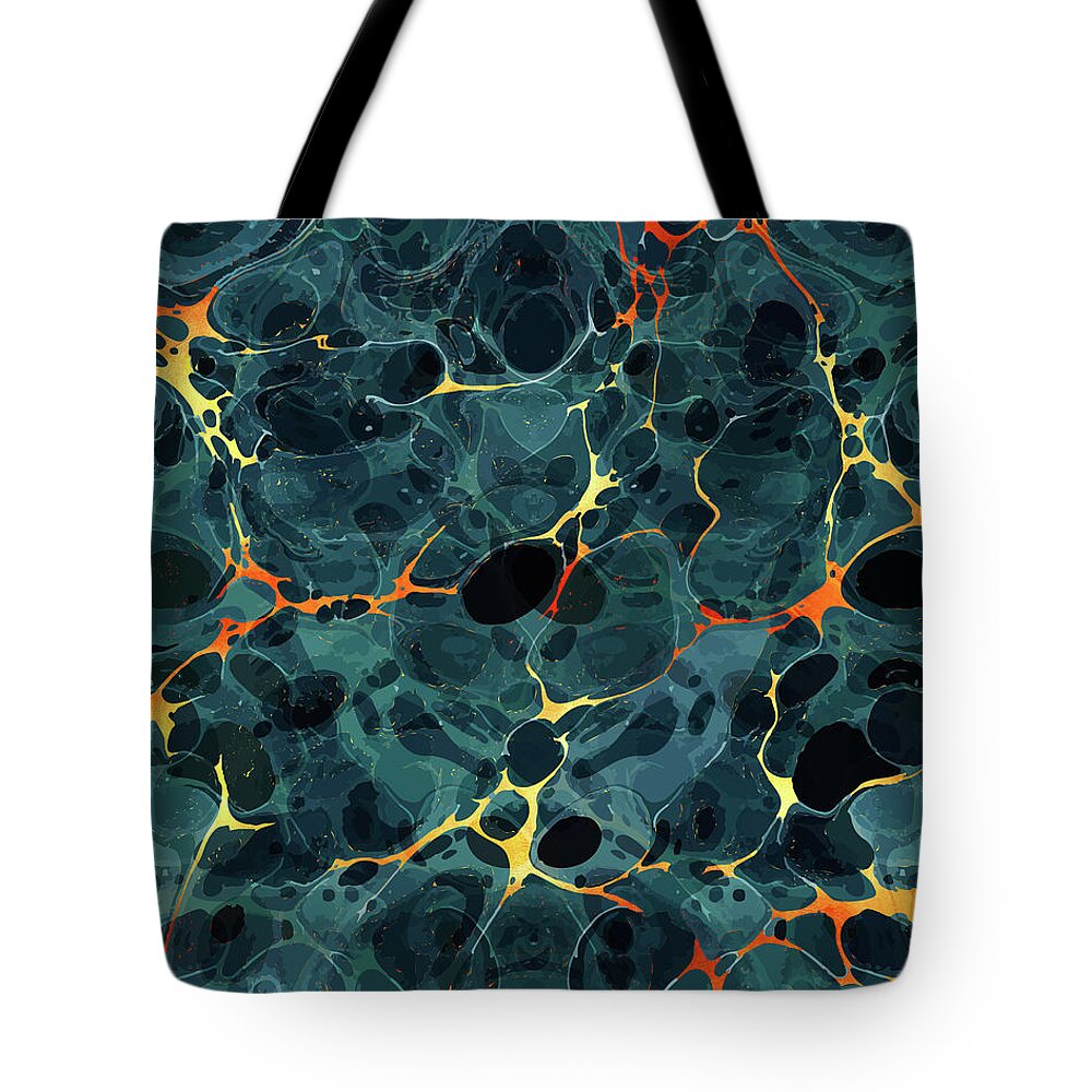Abstract Tote Bag featuring the mixed media Abstract Painting - Marbling art 06- Fluid Painting - Blue, Gold Abstract - Modern Abstract by Studio Grafiikka