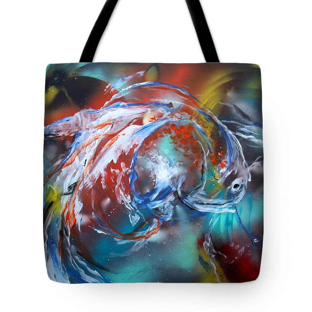 Fish Tote Bag featuring the painting Abstract White Tri Fantail Goldfish by J Vincent Scarpace