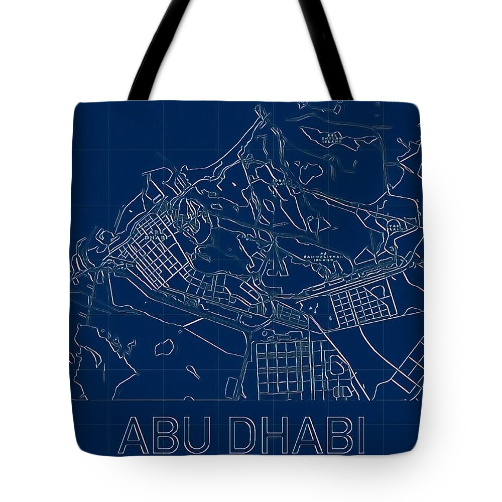 Abu Dhabi Tote Bag featuring the digital art Abu Dhabi Blueprint City Map by HELGE Art Gallery