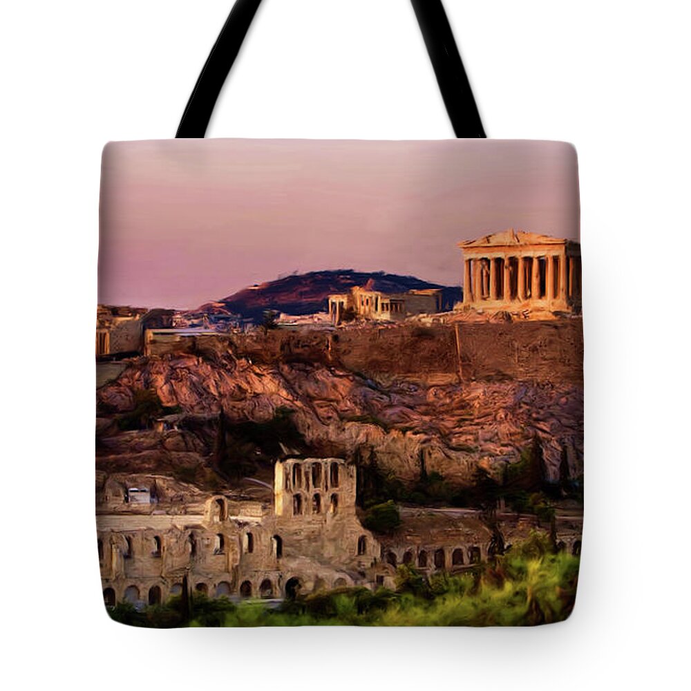 Troy Caperton Tote Bag featuring the painting Acropolis at Twilight by Troy Caperton