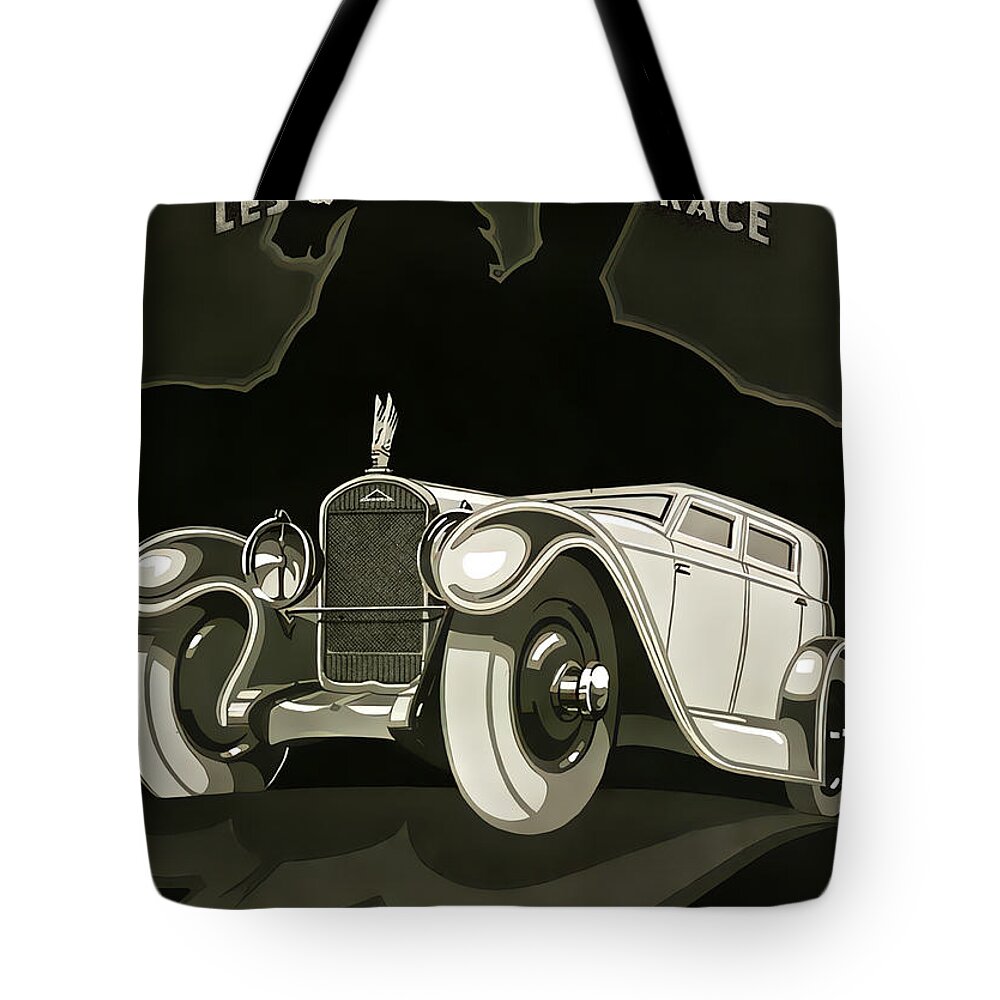 Vintage Tote Bag featuring the mixed media Advertisement For 1930 Delahaye Original French Art Deco Illustration by Retrographs