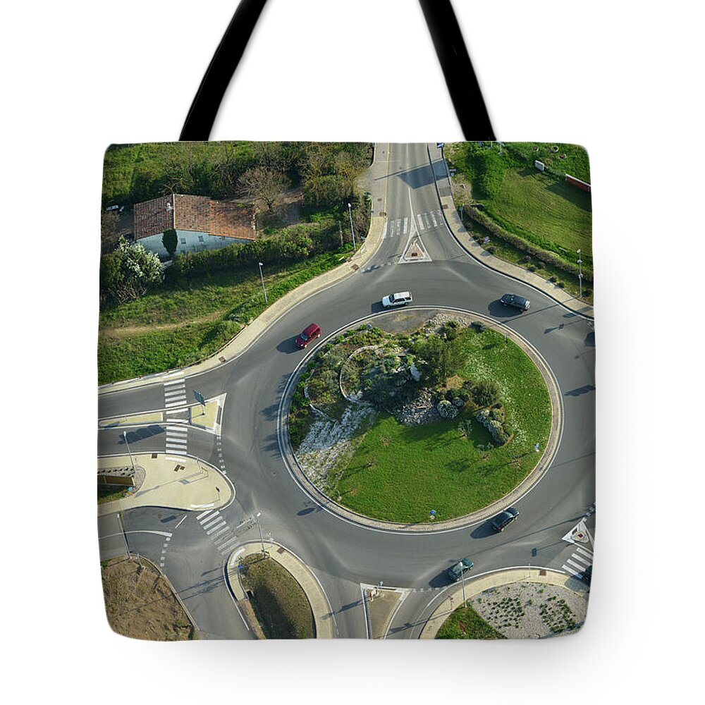 Saint-maximin-la-sainte-baume Tote Bag featuring the photograph Aerial View Of Cars And A Roundabout by Sami Sarkis