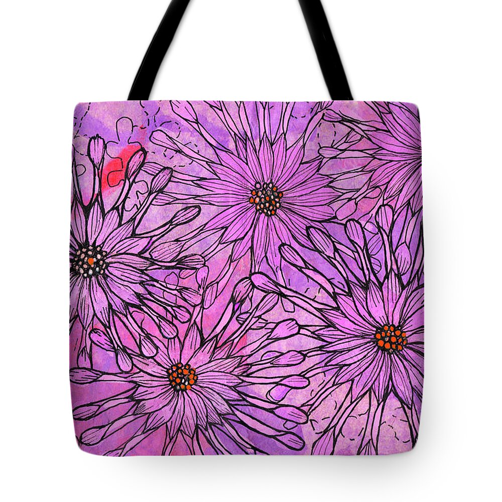 African Daisy Tote Bag featuring the mixed media African Daisy, Cape Daisies, Pink Flowers, Floral Art by Julia Khoroshikh