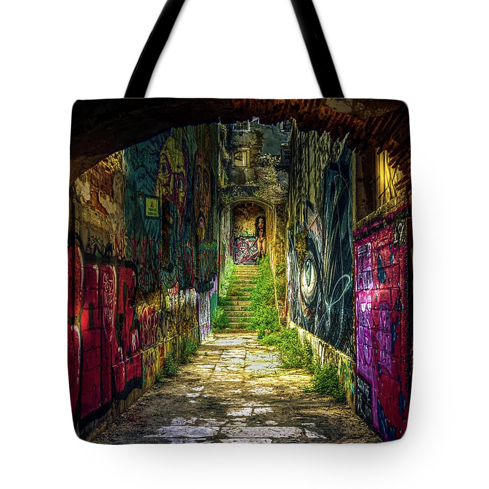 Graffiti Tote Bag featuring the digital art The house of my sweet Lady of the Smile by Micah Offman