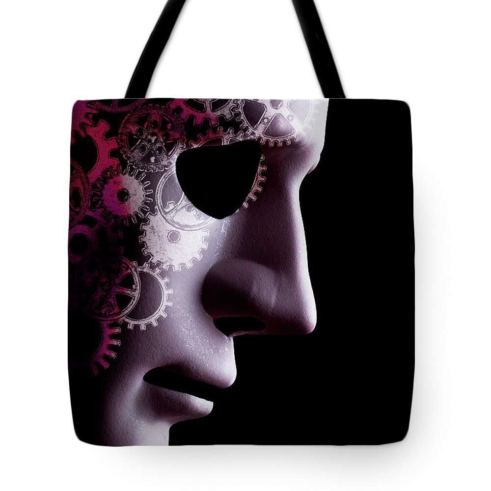 Mask Tote Bag featuring the photograph A.I. robotic face close up with cogs by Simon Bratt
