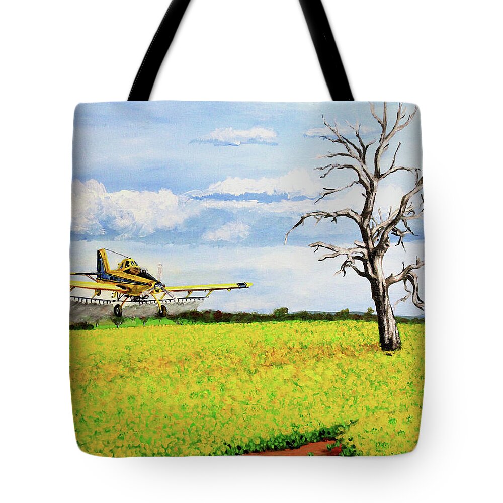 Aircraft Tote Bag featuring the painting Air Tractor Spraying Canola Fields by Karl Wagner