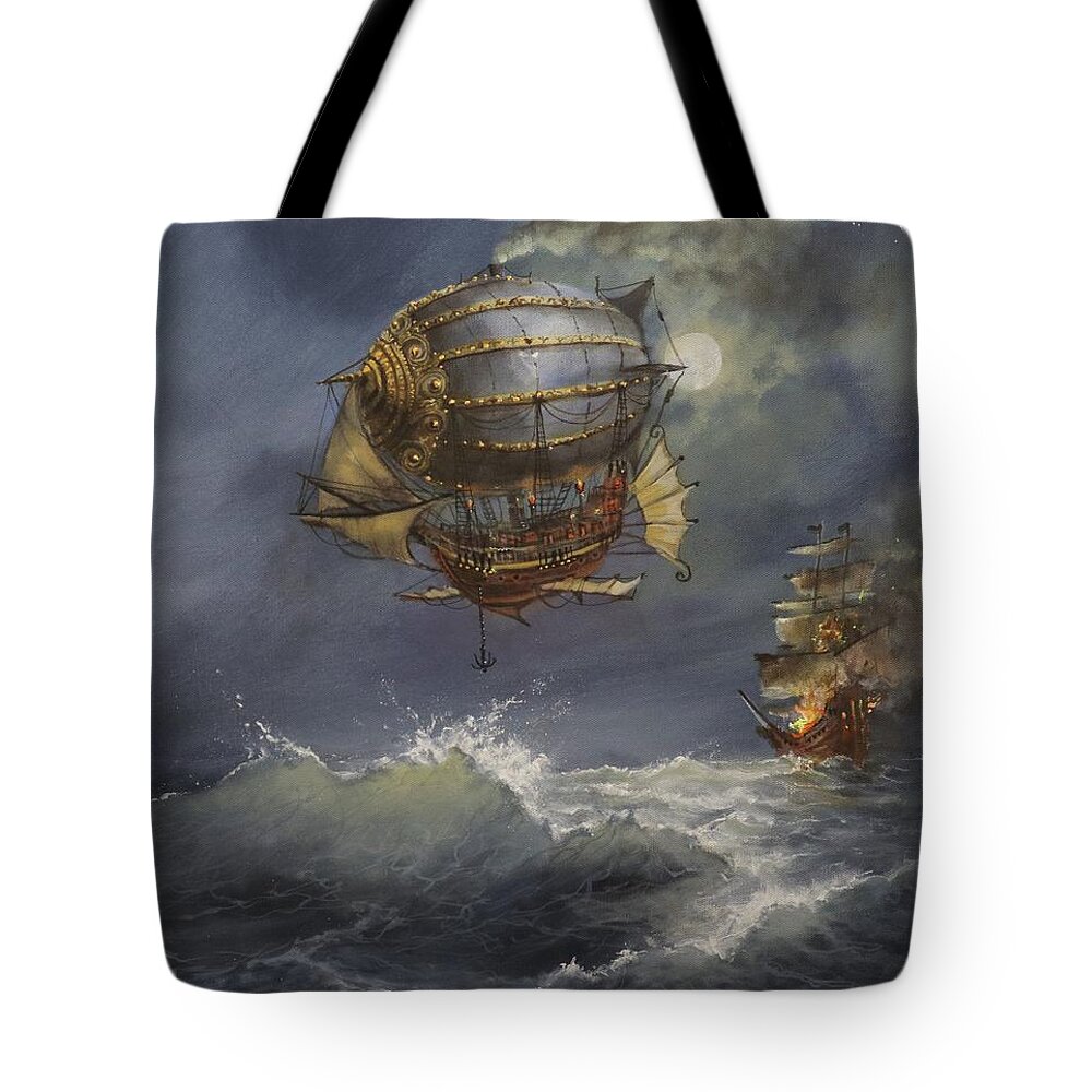 Airship Tote Bag featuring the painting Airship Attack by Tom Shropshire