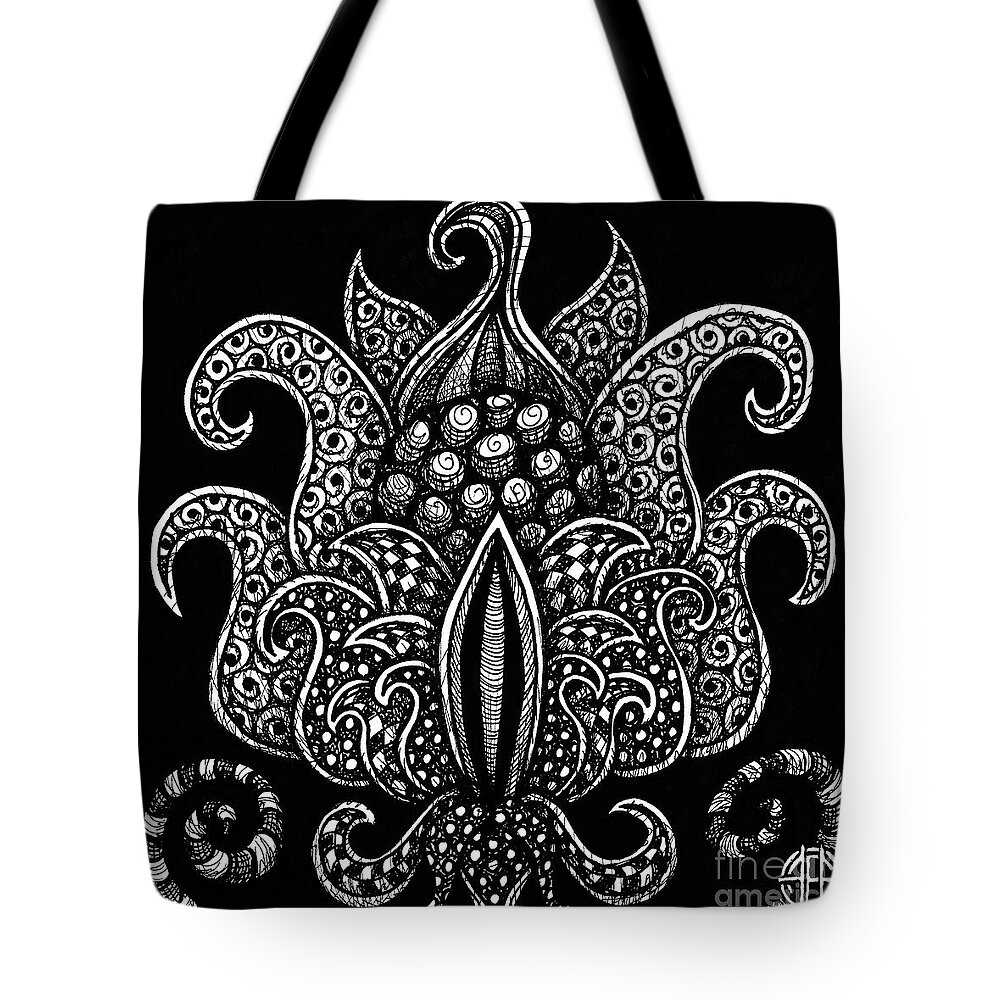 Boho Tote Bag featuring the drawing Alien Bloom 8 Black and White by Amy E Fraser