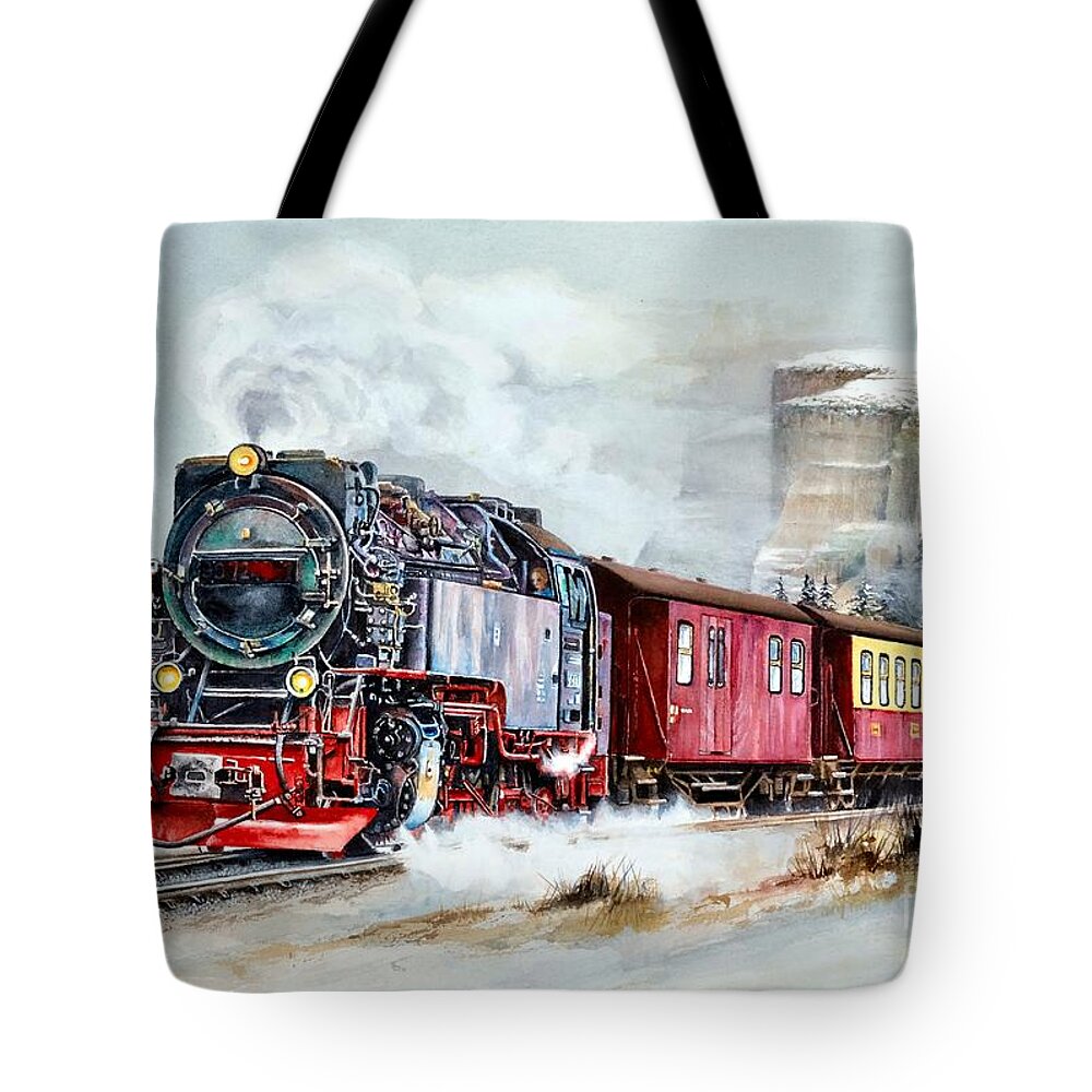 Train Tote Bag featuring the painting All Aboard by Jeanette Ferguson