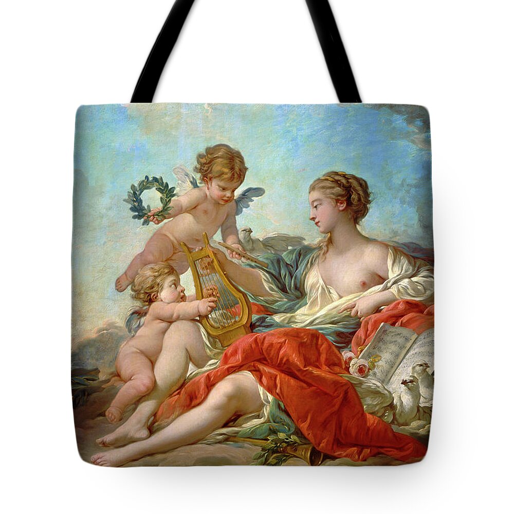 Allegory Of Music Tote Bag featuring the painting Allegory of Music by Francois Boucher by Rolando Burbon
