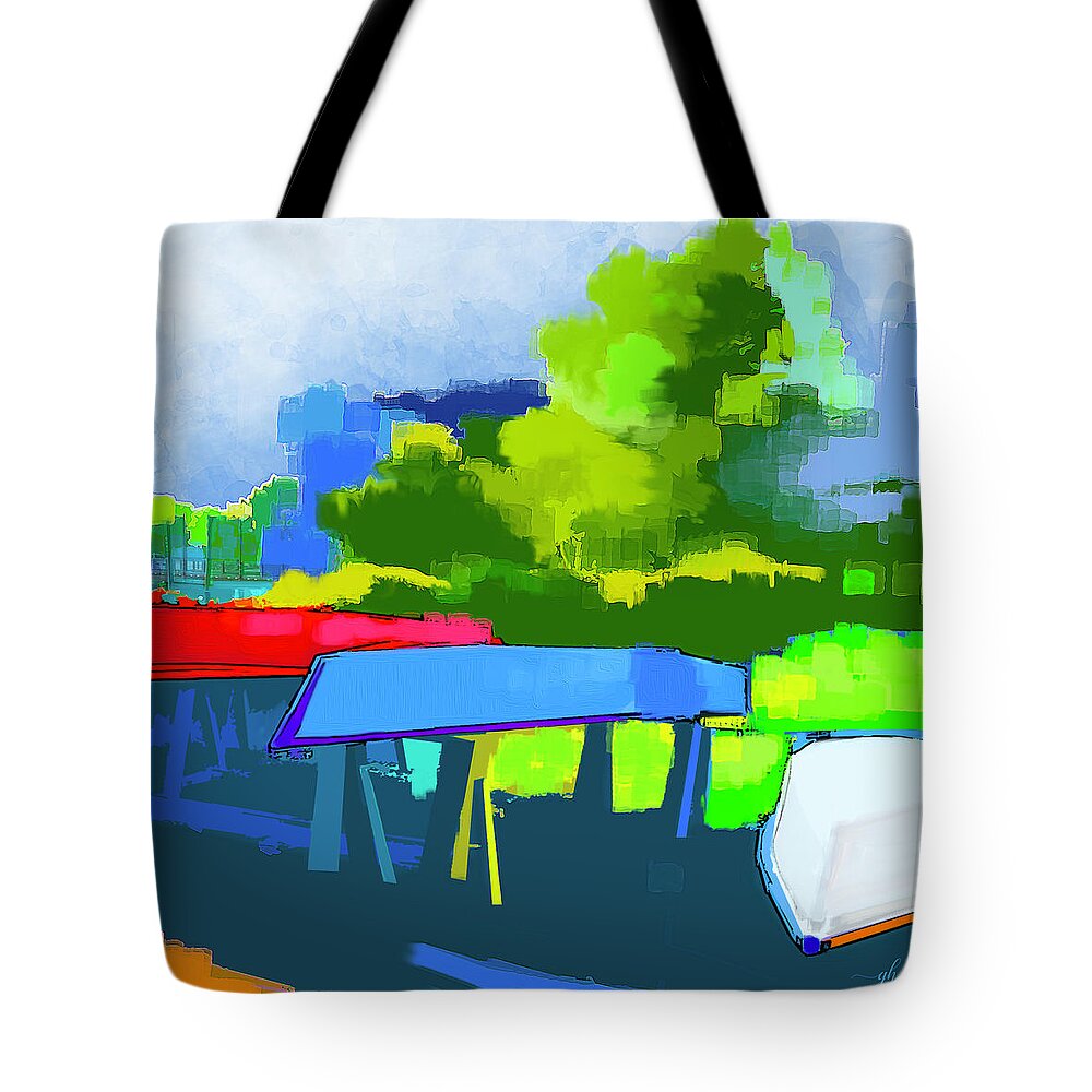 Abstract Tote Bag featuring the digital art Along the Riverwalk by Gina Harrison