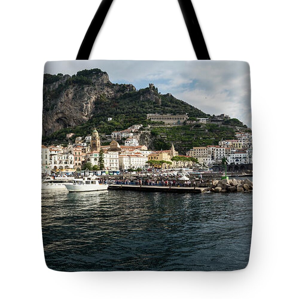Photography Tote Bag featuring the photograph Amalfi Town Seen From Ferry Approaching by Panoramic Images