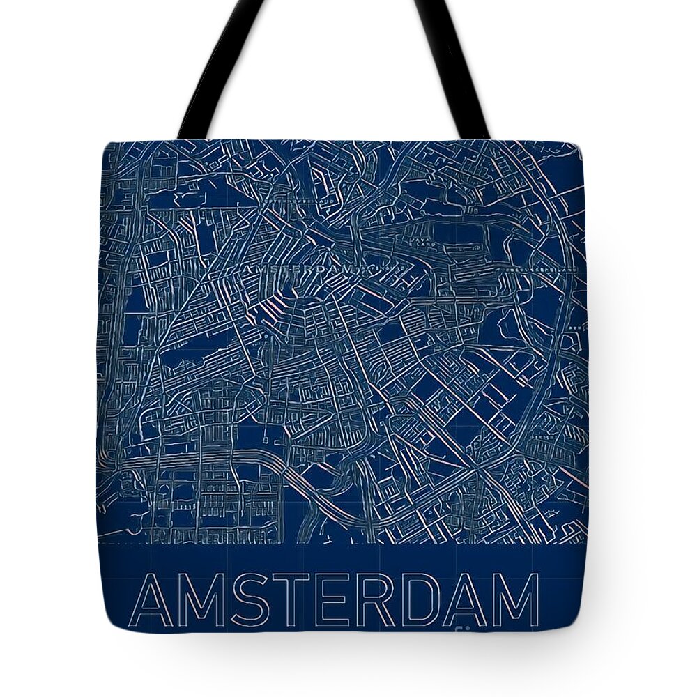 Amsterdam Tote Bag featuring the digital art Amsterdam Blueprint City Map by HELGE Art Gallery