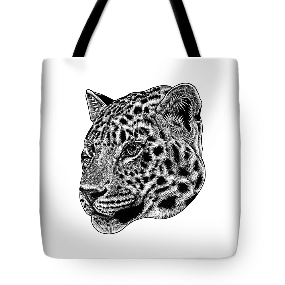 Leopard Tote Bag featuring the drawing Amur leopard cub - ink illustration by Loren Dowding