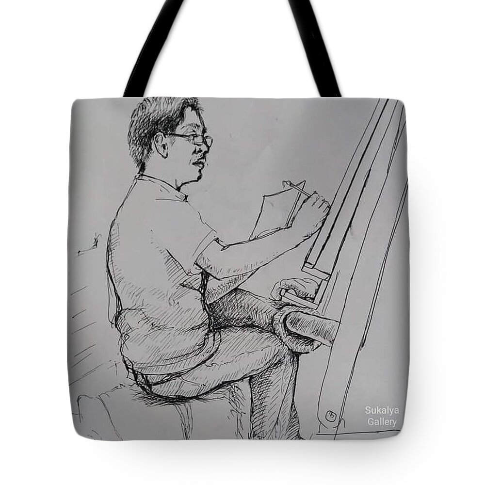 Artist Tote Bag featuring the drawing An Artist With the Chinese Brush by Sukalya Chearanantana