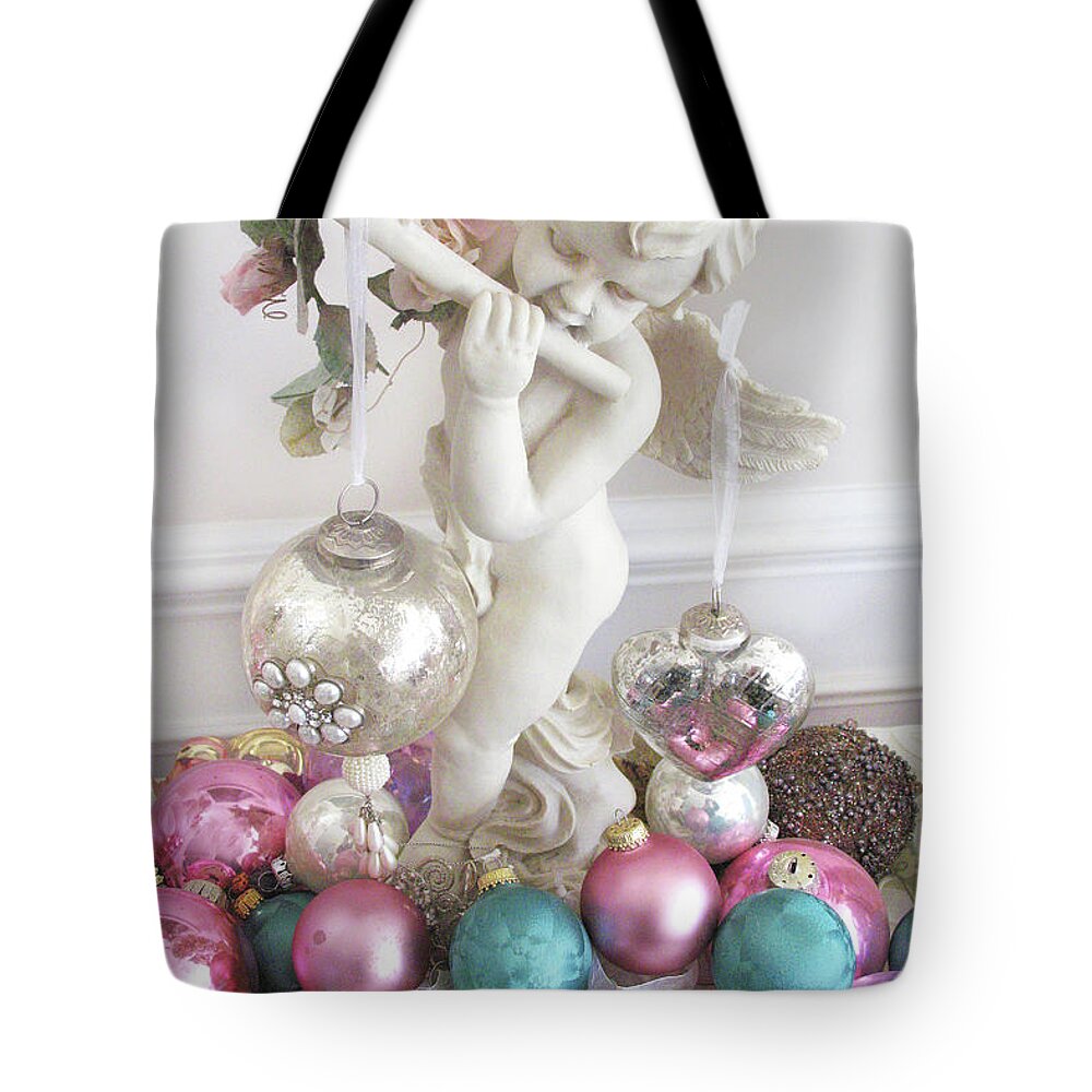 Angel Tote Bag featuring the photograph Angel Cherub Playing Flute With Christmas Holiday Ornaments - Shabby Chic Holiday Christmas Angel by Kathy Fornal