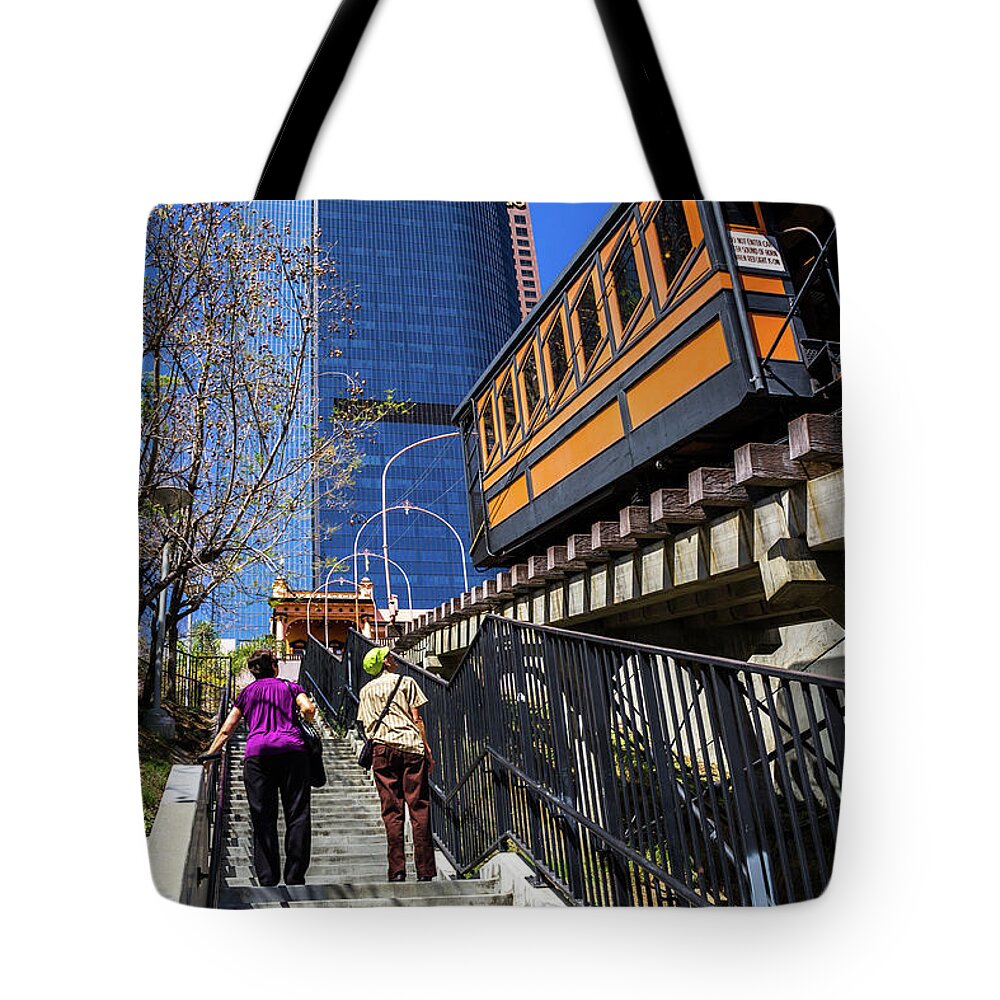 Angels Flight Tote Bag featuring the photograph Angels Flight Railway Walking Up the Steps by Roslyn Wilkins