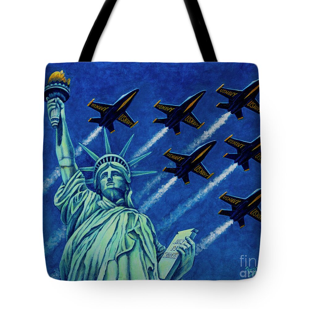 Statue Of Liberty Tote Bag featuring the painting Angels Protecting Liberty by Michael Frank