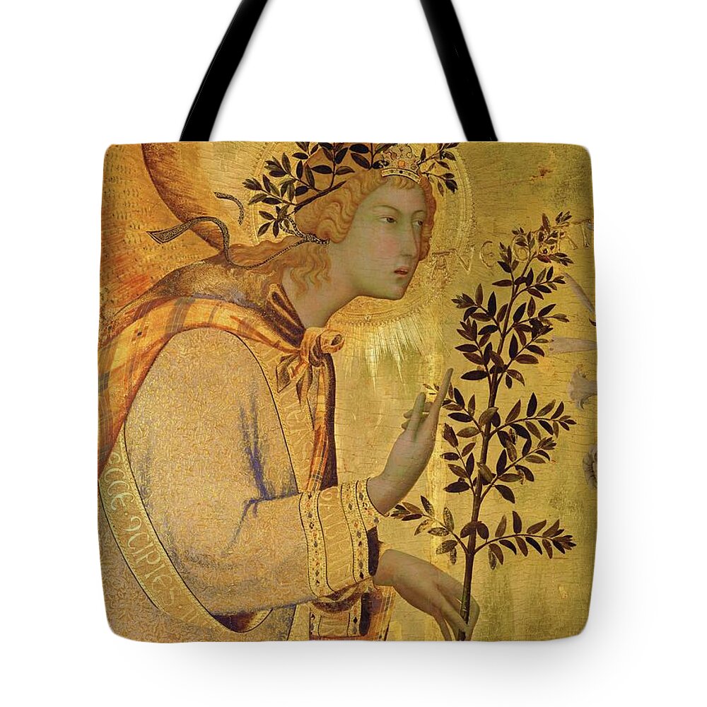 Archangel Gabriel Tote Bag featuring the painting Annunciation. Detail the Angel of the Annunciation. by Simone Martini -c 1284-1344-