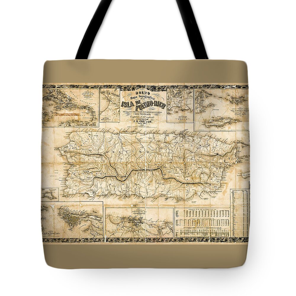 Old Map Tote Bag featuring the photograph Antique topographical map of Puerto Rico 1863 while under Spanish rule. by Phil Cardamone