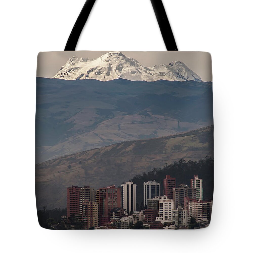 Tranquility Tote Bag featuring the photograph Antisana Volcano & Quito by Henri Leduc
