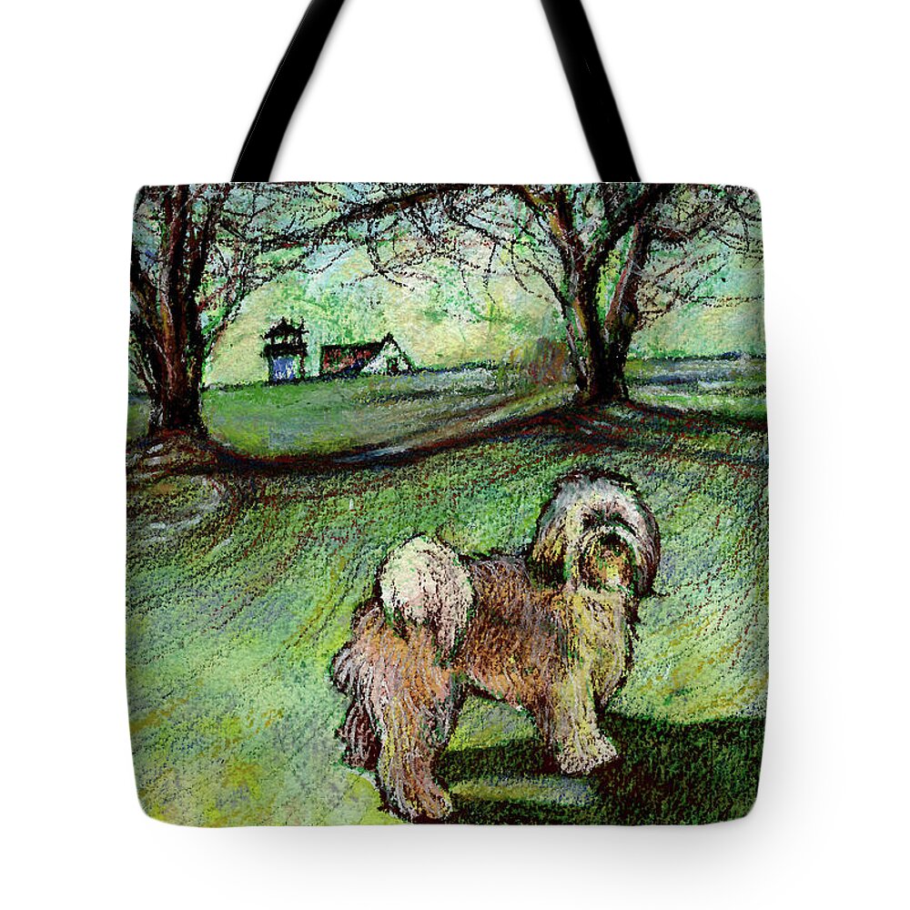 Apple Trees Tote Bag featuring the mixed media Apple Trees by AnneMarie Welsh