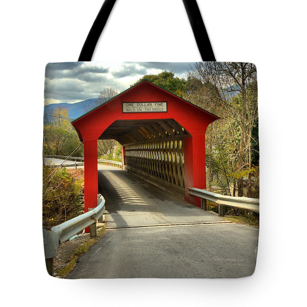 Chiselville Covered Bridge Tote Bag featuring the photograph Approaching The Chiselville Covered Bridge by Adam Jewell