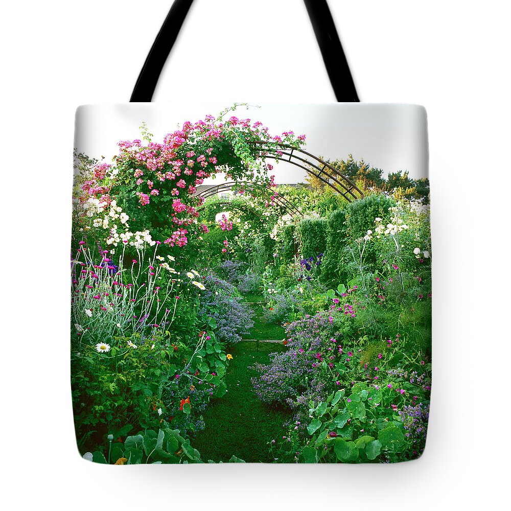 Grass Tote Bag featuring the photograph Arbor Rose Path Thru Garden by Richard Felber