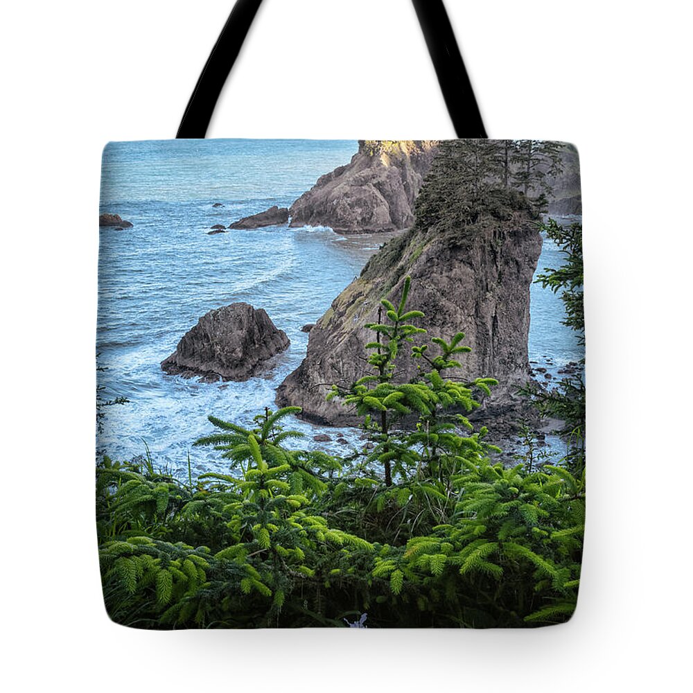 Arch Rock Roadside Viewpoint Tote Bag featuring the photograph Arch Rock Sea Stacks by Al Andersen
