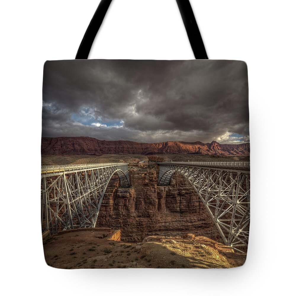 Navajo Bridge Tote Bag featuring the photograph Arched Bridges over the Colorado River by Constance Puttkemery