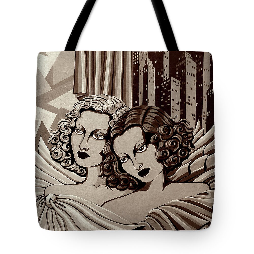 Portrait Tote Bag featuring the painting Arielle and Gabrielle in Sepia Tone by Tara Hutton