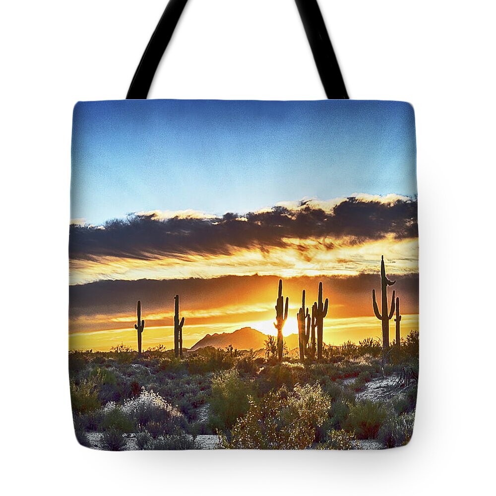 Arizona Tote Bag featuring the photograph Arizona Sunrise And Saguaro by Don Schimmel