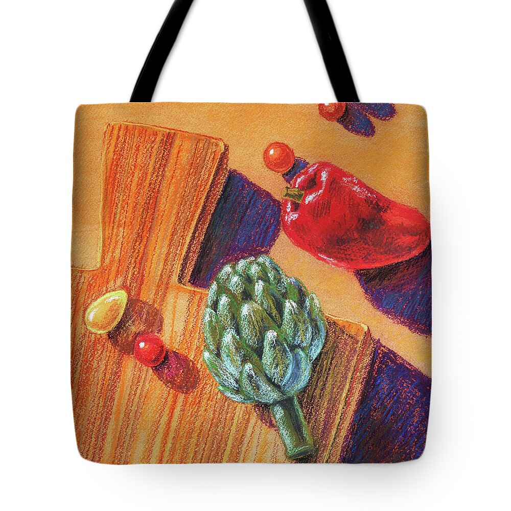 Artichoke Tote Bag featuring the painting Artichoke Bell Pepper And Garden Tomatoes by Irina Sztukowski