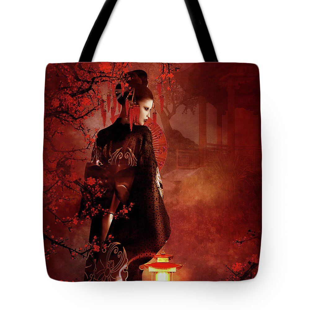 Sakura Tote Bag featuring the digital art Sakura Red by Shanina Conway