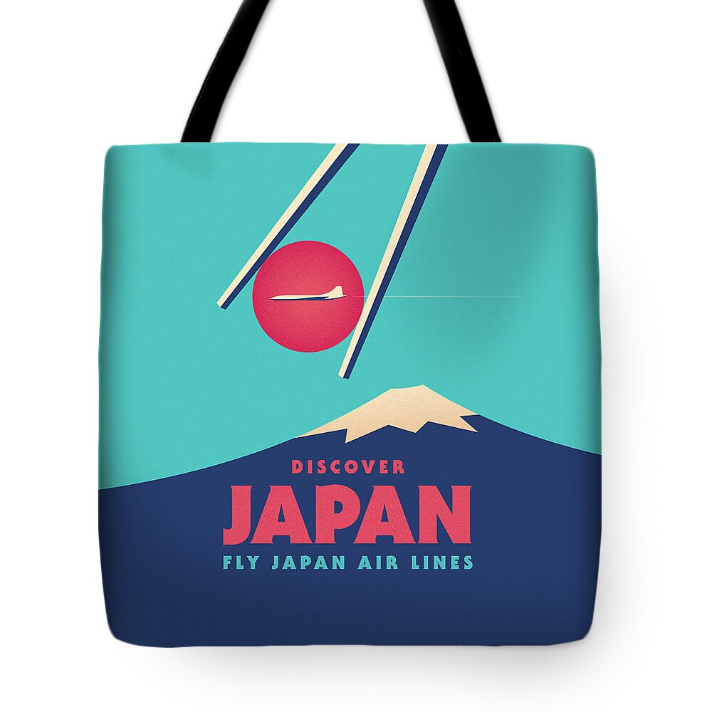 #faatoppicks Tote Bag featuring the digital art Retro Japan Mt Fuji tourism - Cyan by Organic Synthesis