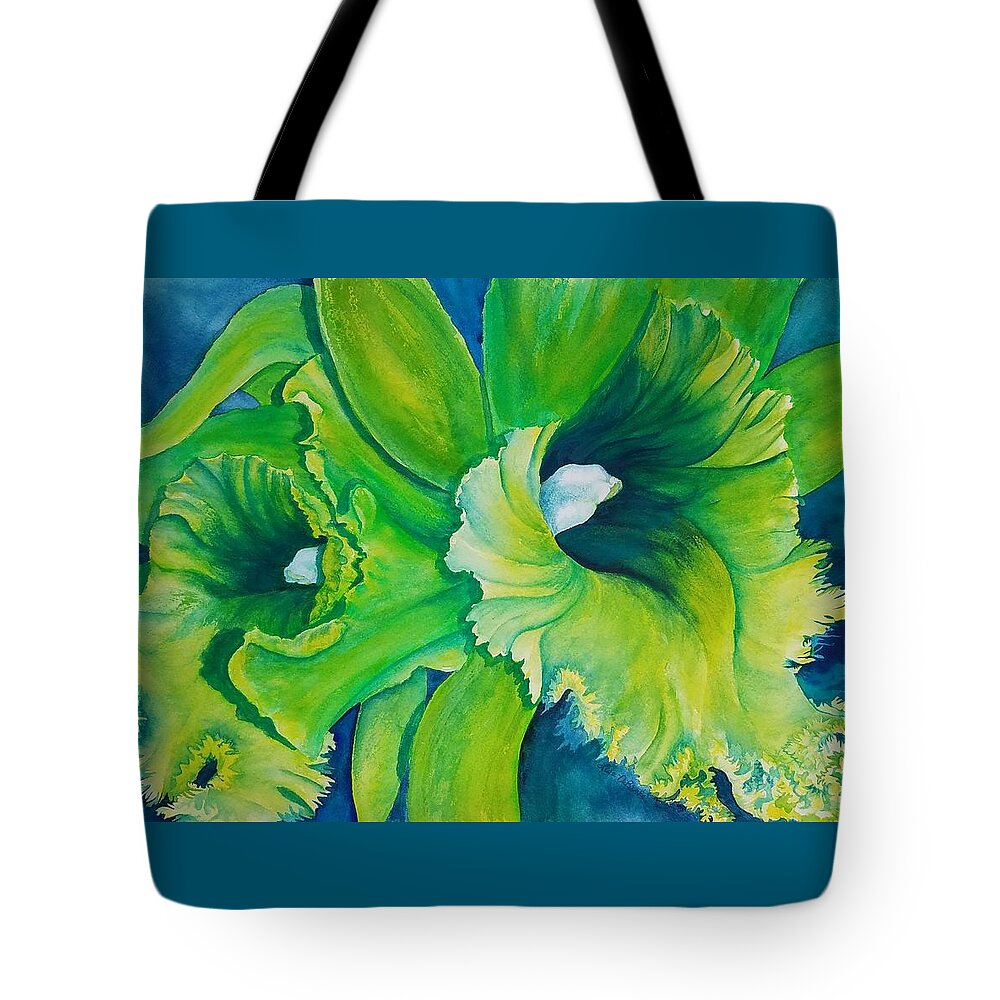 Neon Green Orchid Tote Bag featuring the painting Neon Fluffy Cattleya Orchids by Lisa Debaets